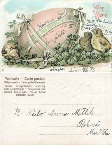 Osterei mit Küken Prägekarte um 1900