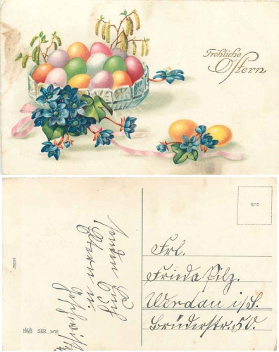 Ostereier Blumen Schriftart goldfarben gebr. ca. 1920