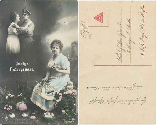 Patriotika 1.WK Frau mit Osterschmuck Soldat gebr. ca.1915