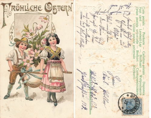 Ostern Kinder mit Osterei Goldschnitt Prägelitho o 16.3.21