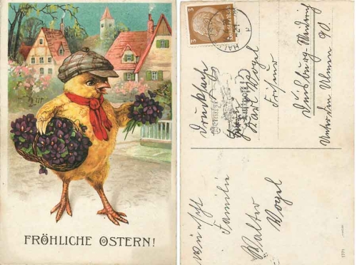 Easter chick with flower basket in human form o April 16, 1930