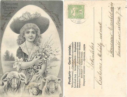 Ostern Mädchen mit Blumenstrauß und Schafen o ca. 1900