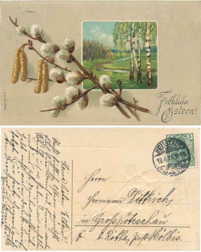 Easter willow catkin embossed artist card o 13.4.1911