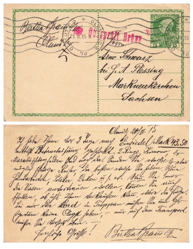 Austrian Postal Stationery Censorship Stamp Checked Brno o Olomouc2 February 21, 1915