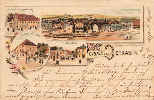 04749 Ostrau Litho Bahnhof Gasthof o 1894