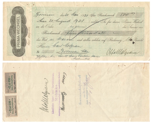 PRIMA-WECHSEL über 500 Reichsmark Sparkasse Mehmke 1928