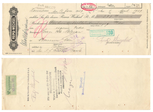 PRIMA EXCHANGE for 398.70 Reichsmark Schöder Bank Uelzen Cementwarenfabrik Melzian Bornsen 1929