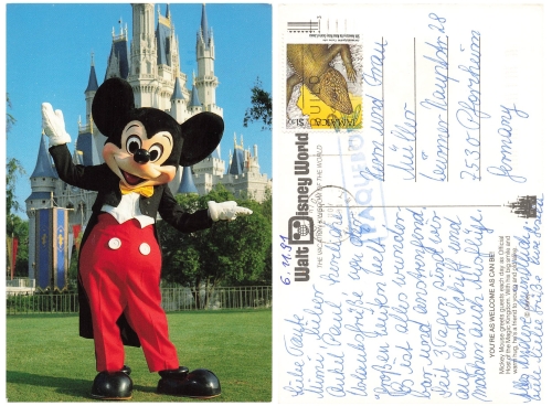 Paquebot stamp on AK Mickey Mouse 1991