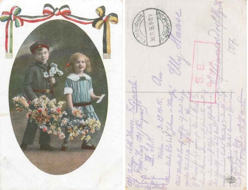 Patriotika children with flowers Field postmark G. Fsp. A (telephone train 501) o 11/30/1916