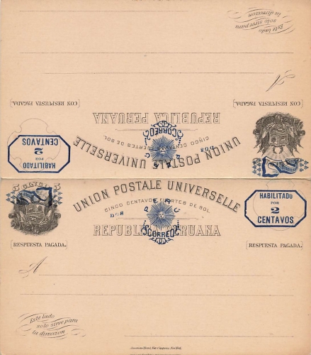 Peru Cinco Centavos imprint Habilitado per 2 Centavos Answer postal stationery 1892 *