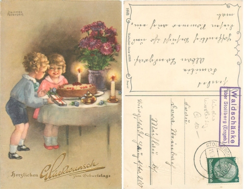 Children's birthday artist card Hannes Petersen country postmark Waldschänke via Stollberg o March 15, 1934