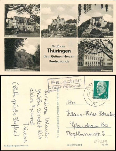 07389 Peuschen about Poessneck country postmark on postcard o 12.7.1963