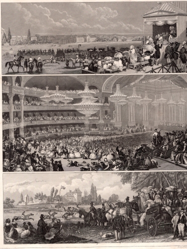 Horse racing and Paris Opera steel engraving by Henry Winkles after G. Heck around 1850