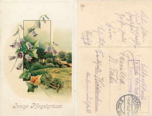 Pfingsten Blumen Prägekarte Feldpost 8. Komp. Inftr.-Regt. 343 o 5.6.1916