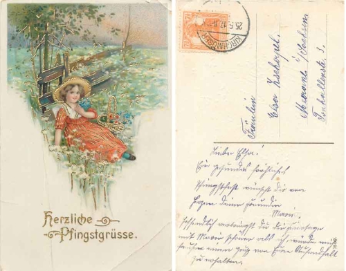 Pentecost girl with basket of flowers gold-edged card o May 25, 1917