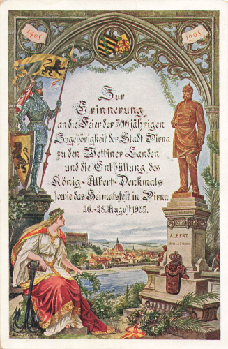 01796 Pirna, 500 Jahre Zugehörigkeit Wettiner Lande, Litho o 28.8.1905