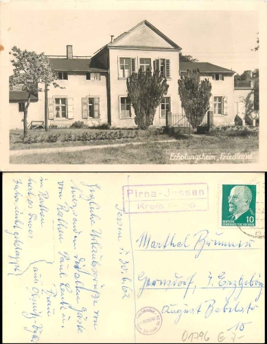 01796 Jessen Pirna convalescent home "Friedland" country postmark o 30.6.1962 on postcard