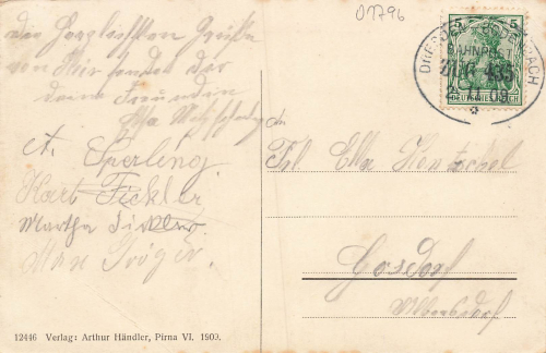 01796 Pirna Elbe Hotel Schwarzer Adler Bahnpost Dresden-Bodenbach ZUG 435 o 1909