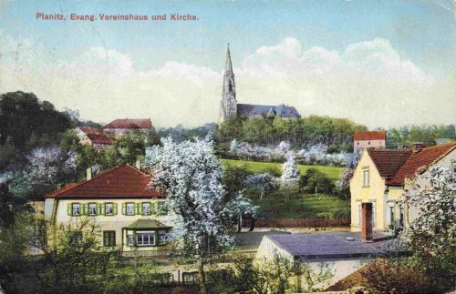 Planitz Zwickau Sachsen Evang. Vereinshaus und Kirche 1936