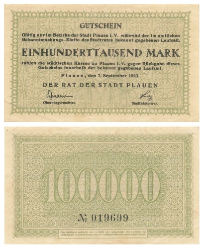 Plauen Vogtland Einhunderttausend Mark Gutschein 7. September 1923 Notgeld