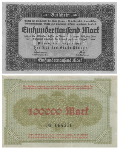 Plauen Vogtland Einhunderttausend Mark Gutschein 1. August 1923 Notgeld