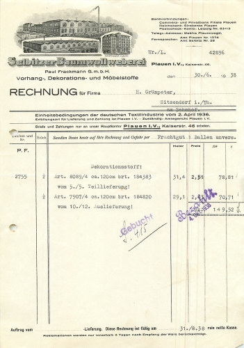 Plauen Vogtland Selbitzer Baumwollweberei Briefkopf 1938