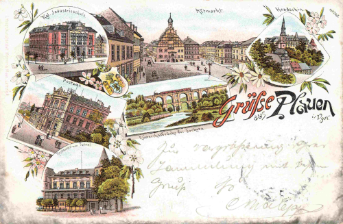 Plauen Vogtland Postamt Restaurant Trömel Litho o 1899