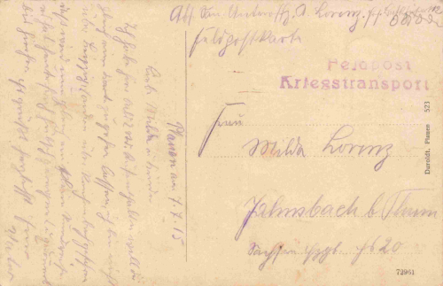 Plauen Vogtland Bahnhofstrasse Ecke Rädelstrasse Feldpoststempel  Kriegstransport o 1915