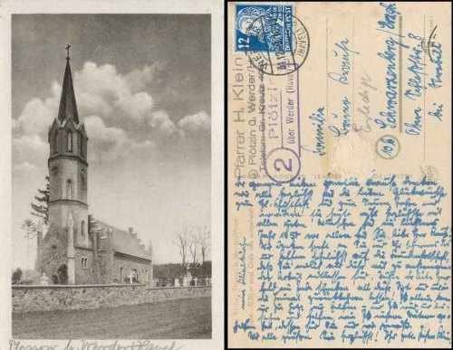 14542 Ploetzin about Werder (Havel) 2 country postmarks on postcard Plessow o 31.12.1949