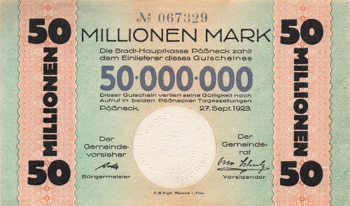 Pössneck 50 Millionen Mark Gutschein 1923 Notgeld