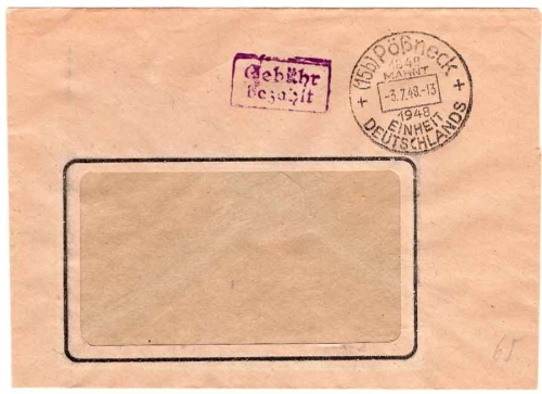 Poessneck violet fee paid stamp on cover o 3.7.1948