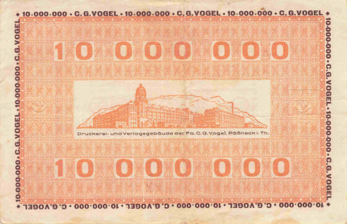 Pößneck Thüringen Notgeldschein 10 Millionen Markt 1923 C.G. Vogel