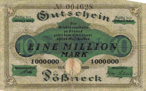 Pößneck Thüringen Notgeldschein 1 Millionen Markt 1923