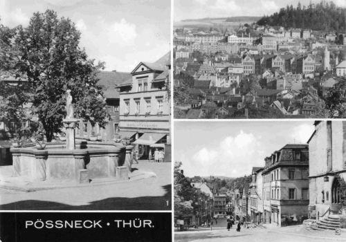 Poessneck, Thuringia, multi-view postcard, c. 1978