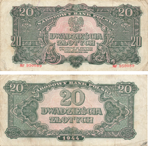 Polen 20 Zlotych Narodowy Bank Polski  1944