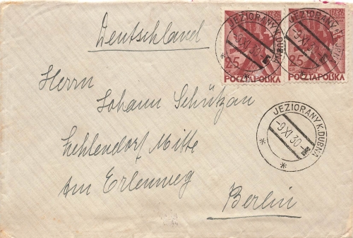 Polen 25 GR auf Brief o Jeziorany 9.11.1930 nach Berlin