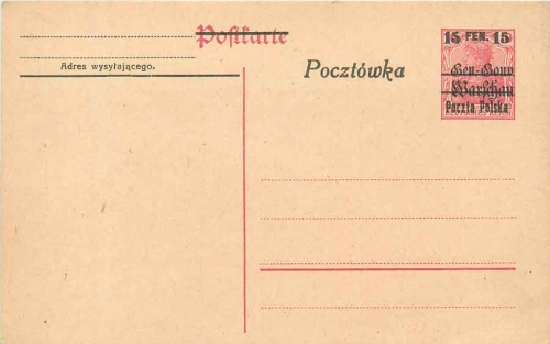 Poland Poczta Polska 15 FEN. Postal stationary 10 Germania with overprint Gen.-Gouv. Warsaw