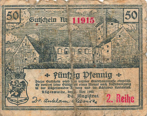 Ruegenwalde Pomerania emergency banknote Darlowo 1920