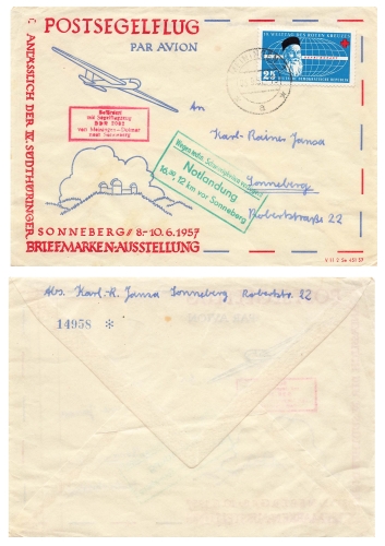 Post glider special cancellation Meiningen Dolmar Sonneberg emergency landing o September 3, 1957