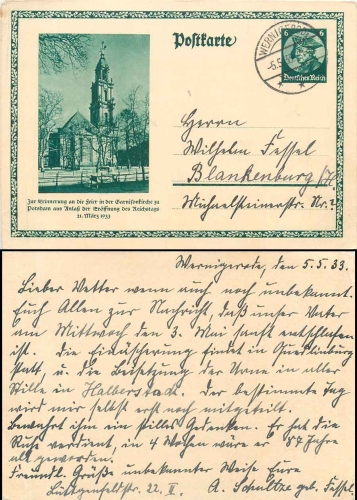 Potsdam Ganisionskirche Eröffnung des Reichstages 1933 Ganzsache 6 Pfennig   Friedrich der Grosse o 1933