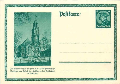 Jahrestag der Machtergreifung 1938 Ganzsache 6 Pfennig  roter Sonderstempel Asch 21.9.1938 mit Aufkleber "Sachsen am Werk"Potsdam Ganisionskirche Reichstagseröffnung 1933 Ganzsache 6 Pfennig  Friedrich der Grosse