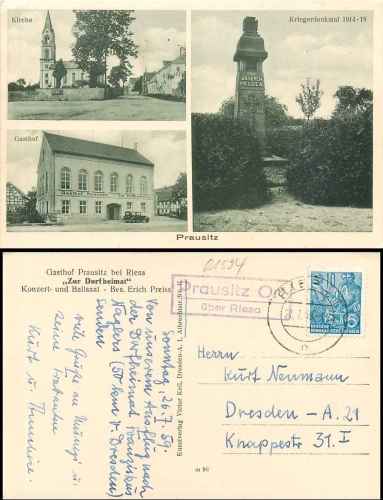 01594 Hirschstein Prausitz Gasthof war memorial Country postmark o 1959