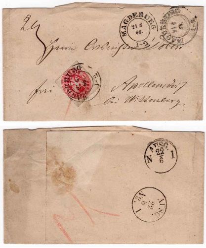Prussia 1 silver groschen on cover from Magdeburg June 21, 1866 to Apollensdorf near Wittenberg