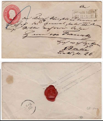 Prussia 1 Silbergroschen postal stationery envelope Potsdam train station 22.22. to Berlin around 1870