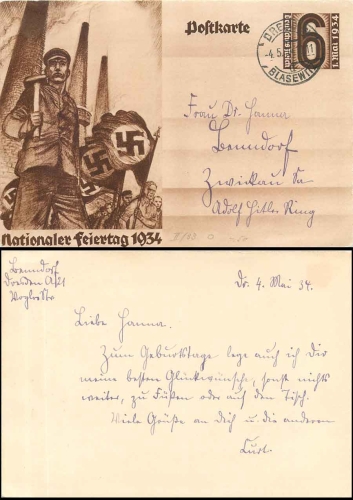 Propaganda card national holiday 1934 postal stationery o Dresden 4.5.1934