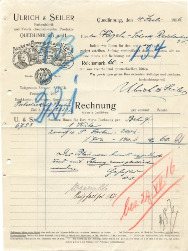 06484 Quedlinburg Farbenfabrik Ulrich & Seiler Briefkopf 1916
