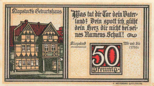 Quedlinburg Notgeldschein 50 Pfennig 1921 Klopstock