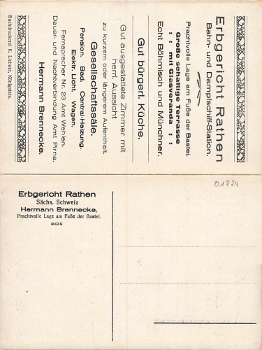01824 Rathen, Gasthof Erbgericht, Saxon Switzerland, folding map * circa 1920