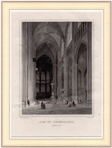 Regensburg Cathedral original steel engraving J. Poppel around 1850 
