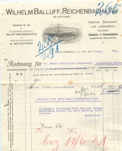 73262 Reichenbach Fils cotton weaving mill Wilhelm Balluff letterhead with factory view 1921